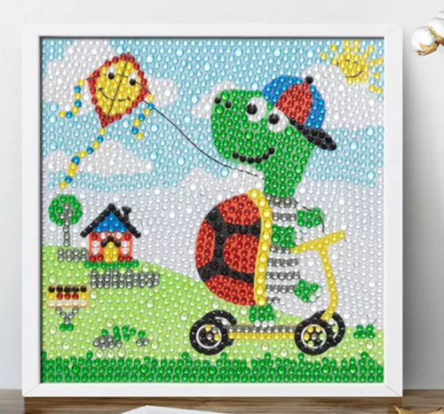 Teknős rollerrel - gyémánt mozaik festés - 18x18 cm - képkerettel