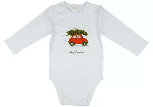 Karácsonyi vintage autós hosszú ujjú baba body fehér