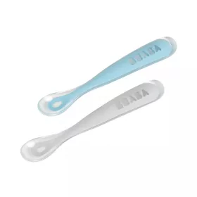   Béaba Ergonomikus Szilikon Hosszú Kiskanál Szett + Doboz - Viharkék