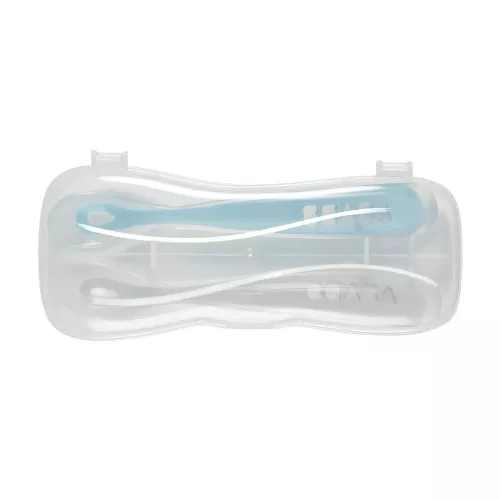Béaba Ergonomikus Szilikon Hosszú Kiskanál Szett + Doboz - Viharkék