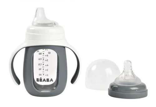 Béaba 2 az 1-ben Tanuló cumisüveg 210 ml + Szilikon borítással - Sötétszürke