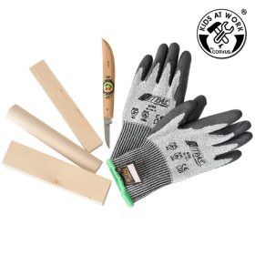   Fafaragó készlet - Kirschen kés, vágásbiztos védő kesztyű, faanyag