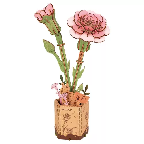 Rowood 3D fa puzzle virág - Szegfű (rózsaszín)