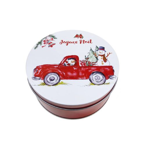 Karácsonyi fém díszdoboz, kör alapú, kicsi (piros Pick-up hóemberrel)