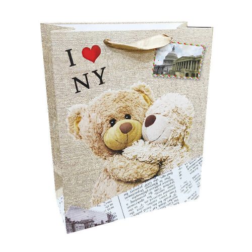 Ajándéktasak - közepes (bézs alapon 2 maci, I LOVE NEW YORK felirattal)