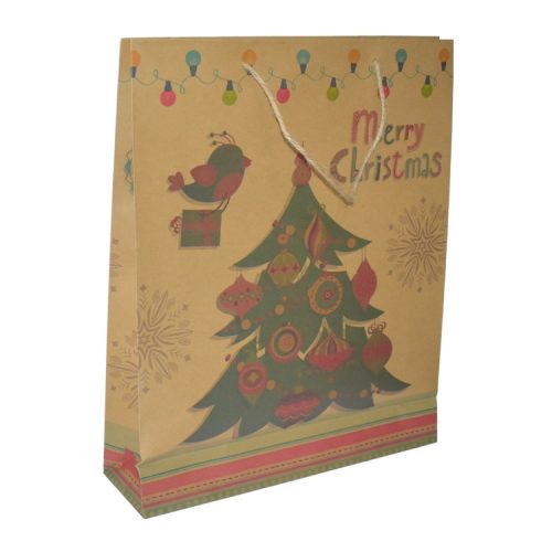 Ajándéktasak - nagy (bézs alapon, Merry Christmas felirat zöld fenyővel)