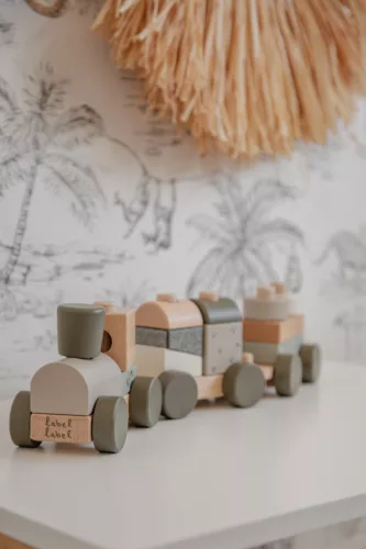 Label -Label Fa játékvonat építőelemekkel - Oliva színben