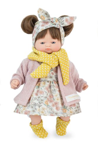 Marina&Pau Kislány színes virágos ruhában és kardigánban, sárga kiszoknival és sállal - 26cm