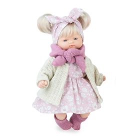   Marina&Pau Kislány rózsaszín, fehér virágos ruhában és kardigánban, sállal - 26cm