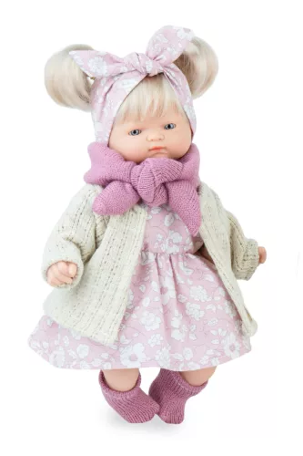 Marina&Pau Díszdobozos Kislány rózsaszín, fehér virágos ruhában és kardigánban, sállal - 26cm