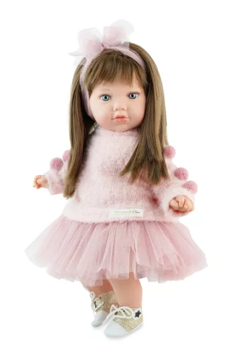 Marina&Pau Alina baba pink pomponos pulóverben és tüllszoknyában -45cm