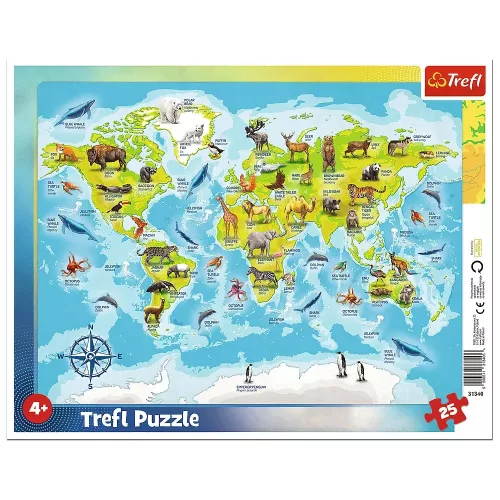 Trefl - Világtérkép - állatokkal - 25db-os puzzle